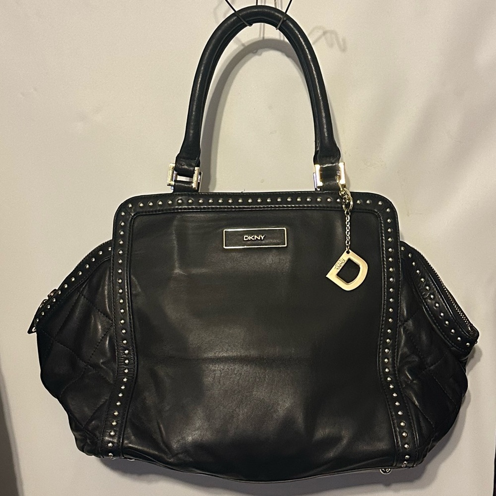 DKNY Donna Karen New York Black glove tanned Leather Bag gold Stud Accent #215BB